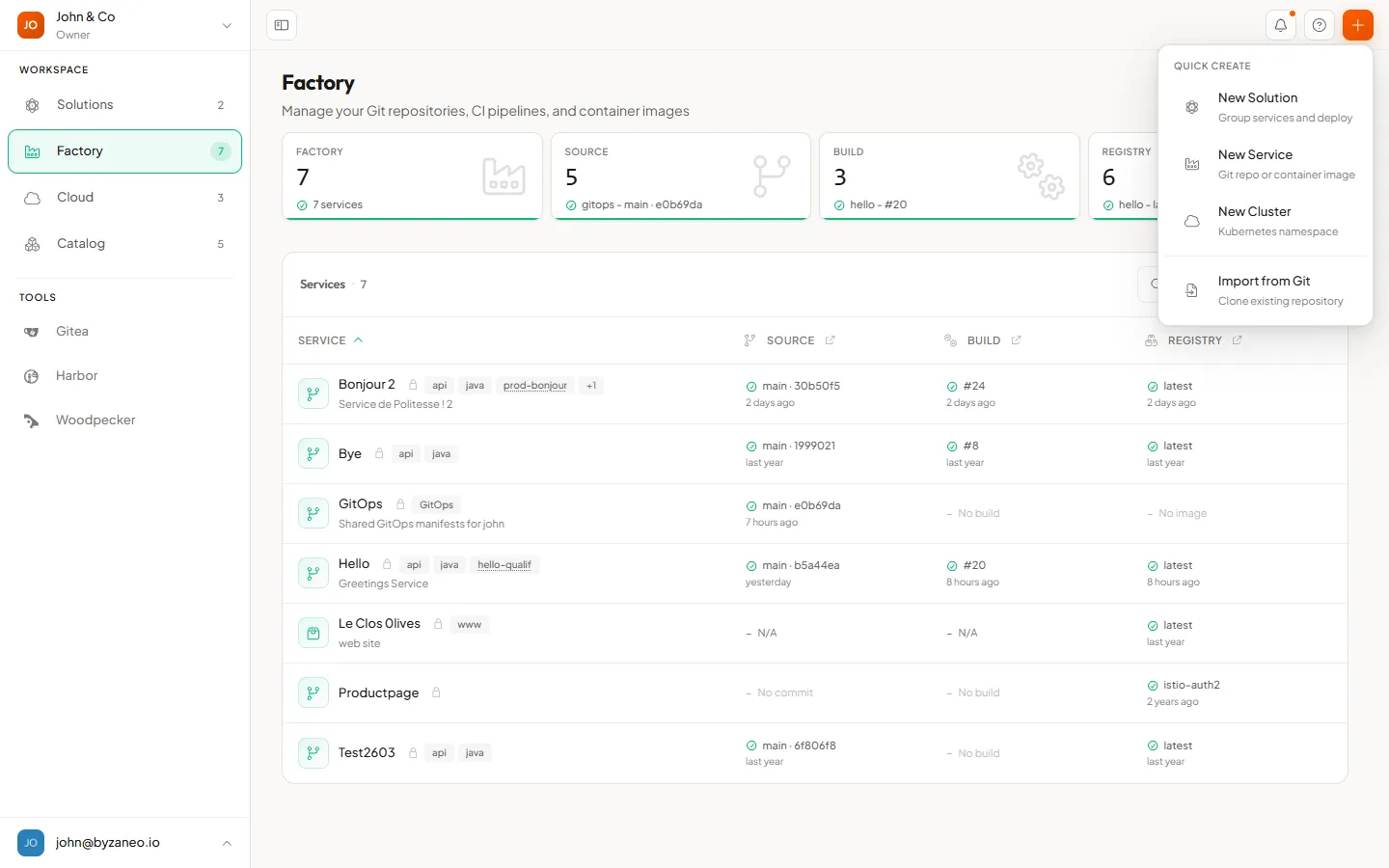 The Create menu: New Solution, New Service, New Cluster, Import from Git