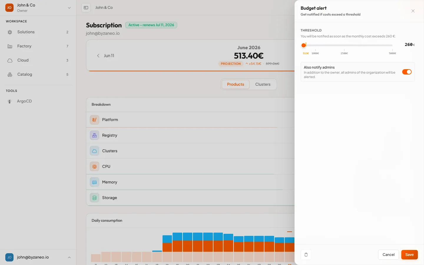 The Budget alert panel with the threshold slider