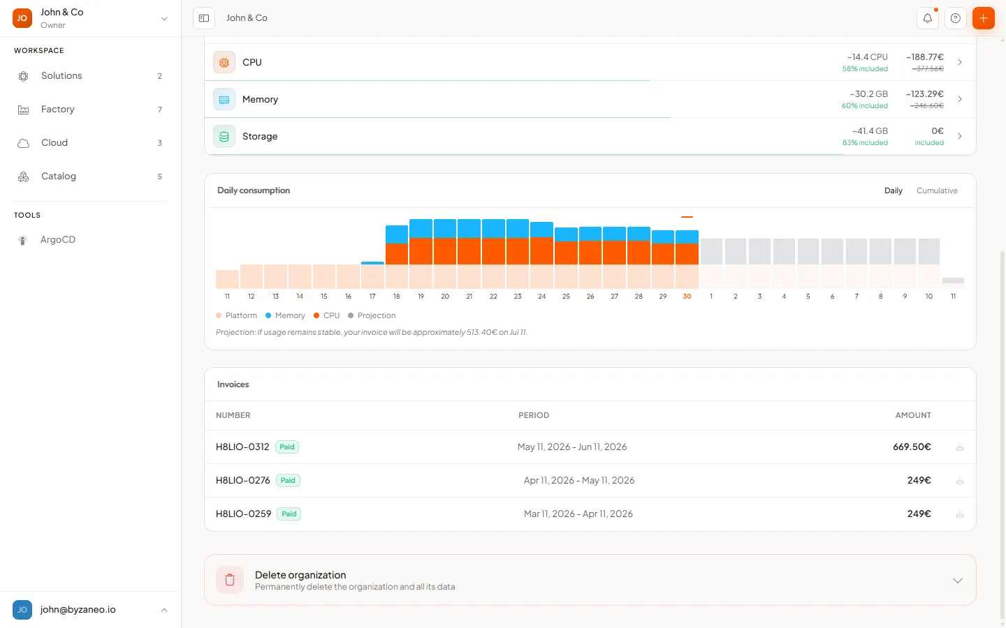 The Invoices table with statuses and download action