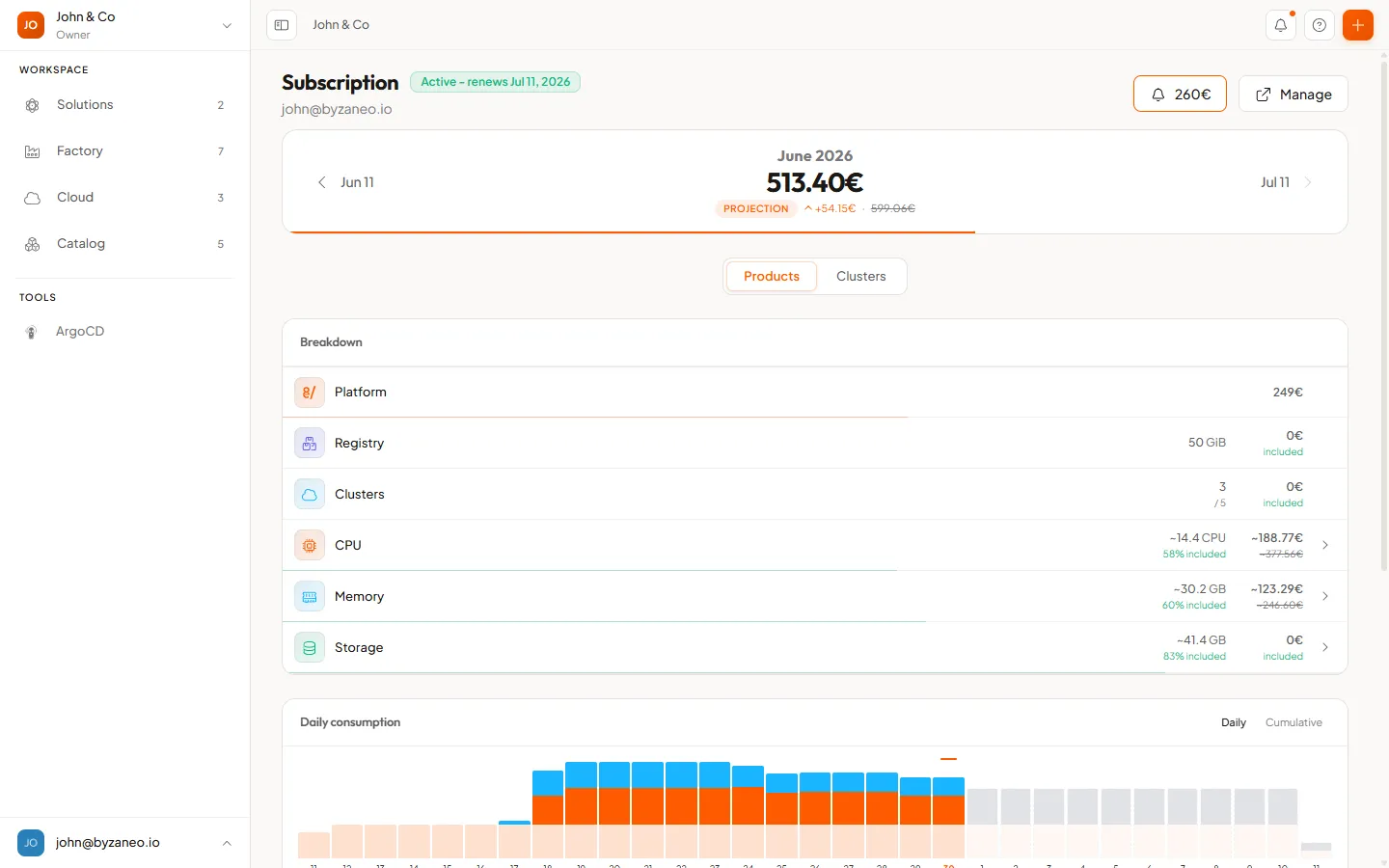 The Subscription page: status header, cost projection and breakdown