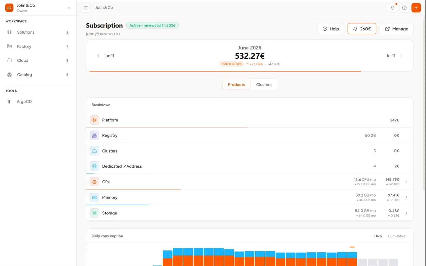 The Subscription page: status header, cost projection and breakdown