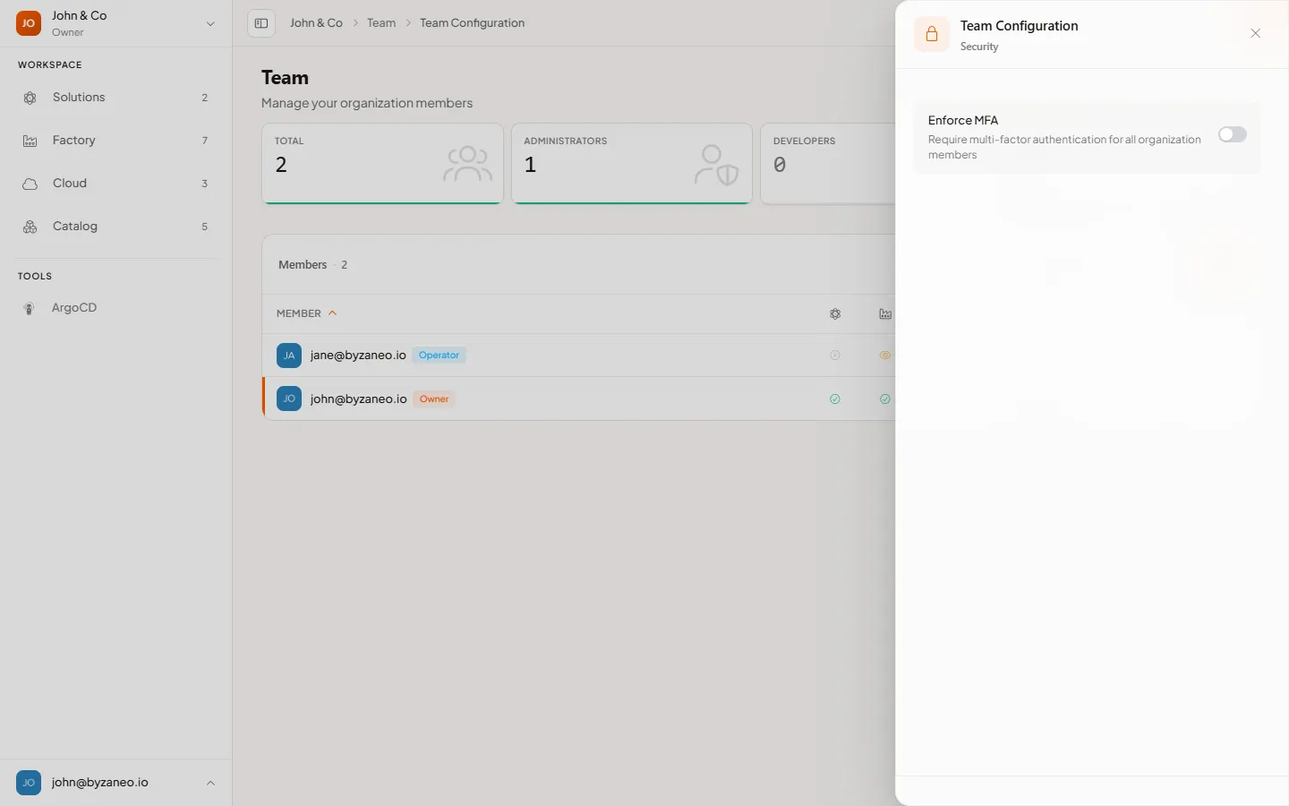 Team Configuration panel with the Enforce MFA toggle