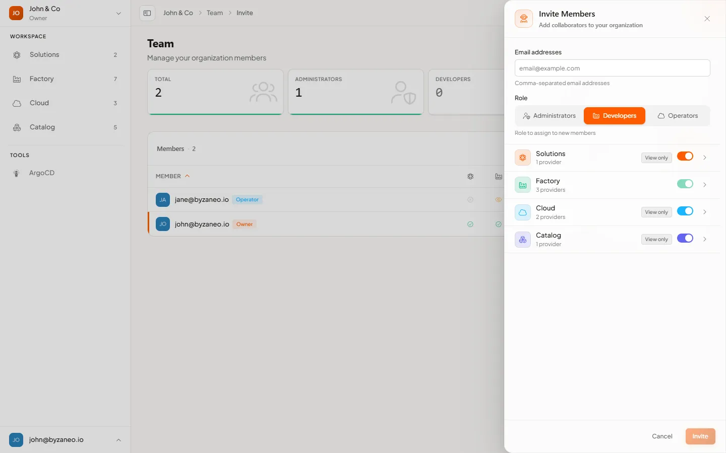 The Invite Members panel: email field, role selector, and pillar access