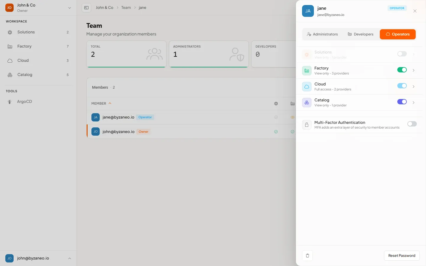 A member detail panel with role, access, and account actions